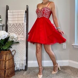 Dave and Johnny Prom Chiffon Beaded Dress Size 0 Red Mini Spaghetti Straps